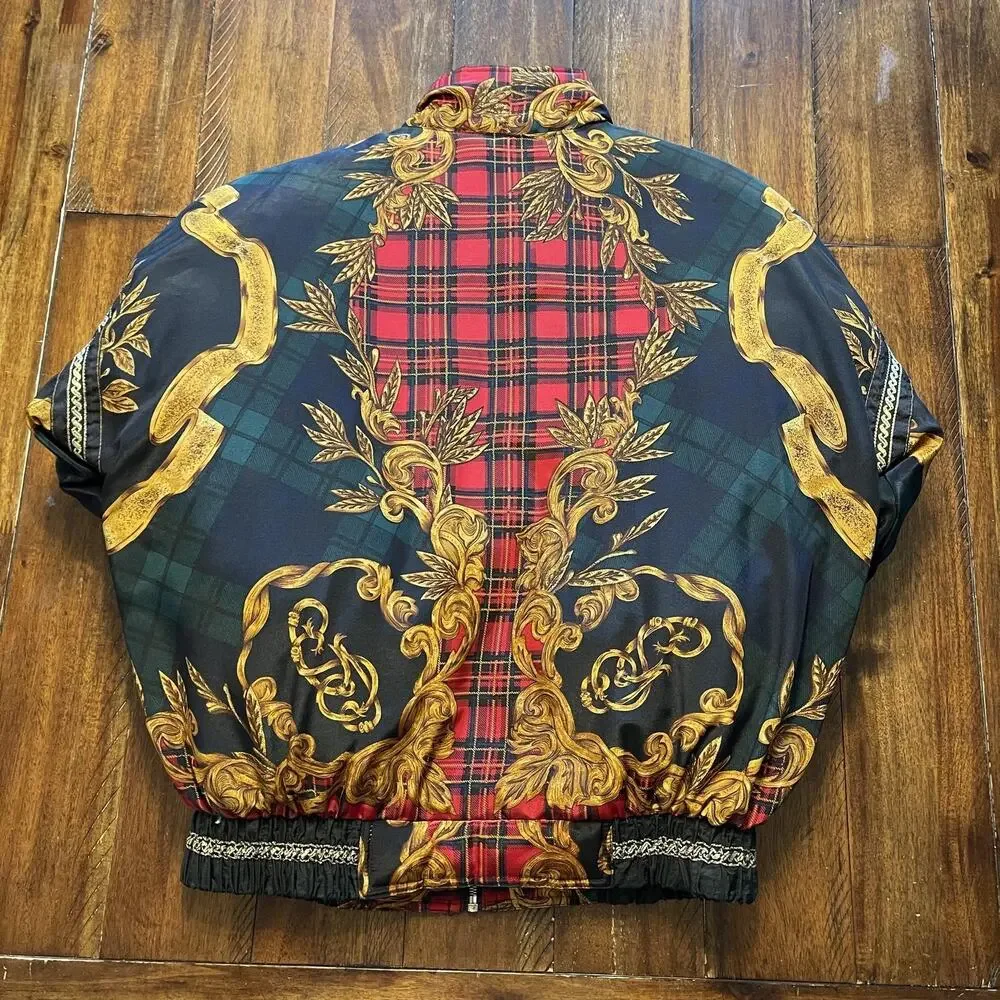 Vtg Gallery Down Jacket Womens S Baroque Plaid Puffer Bomber